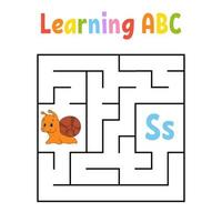 Square maze. Game for kids. Quadrate labyrinth. Education worksheet. Snail mollusk. Activity page. Learning English alphabet. Cartoon style. Find the right way. Color vector illustration.