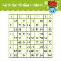 Paste the missing numbers from 1 to 100. Handwriting practice. Learning numbers for kids. Education developing worksheet. Activity page. Game for children. Isolated vector illustration.