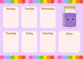 School schedule. Timetable for schoolboys. Empty template. Weekly planer with notes. Isolated color vector illustration. Cartoon character.