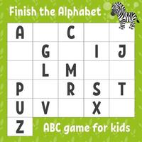 Finish the alphabet. ABC game for kids. Education developing worksheet. Cute zebra. Learning game for kids. Color activity page. vector