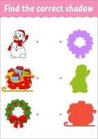 Find the correct shadow. Christmas theme. Education developing worksheet. Matching game for kids. Color activity page. Puzzle for children. Cute character. Vector illustration. Cartoon style.