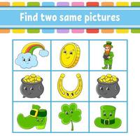 Find two same pictures. Task for kids. St. Patrick's day. Education developing worksheet. Activity page. Color game for children. Funny character. Isolated vector illustration. Cartoon style.