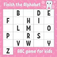 Finish the alphabet. ABC game for kids. Education developing worksheet. Learning game for kids. Color activity page. vector