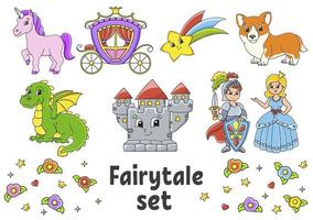 Set of stickers with cute cartoon characters. Fairytale theme. Hand drawn. Colorful pack. Vector illustration. Patch badges collection. Label design elements. For daily planner, diary, organizer.