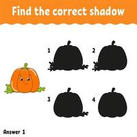 Find the correct shadow pumpkin. Education developing worksheet. Matching game for kids. Activity page. Puzzle for children. Cartoon character. Isolated vector illustration.
