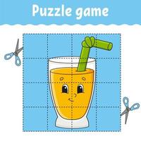 Puzzle game for kids. Education developing worksheet. Learning game for children. Glass juice. Color activity page. For toddler. Riddle for preschool. Isolated vector illustration in cartoon style.