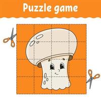 Puzzle game for kids. Education developing worksheet. Learning game for children. Color activity page. For toddler. Mushroom champignon. Isolated vector illustration in cartoon style.