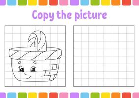 Copy the picture. Coloring book pages for kids. Education developing worksheet. Wood basket. Game for children. Handwriting practice. Funny character. Cute cartoon vector illustration.