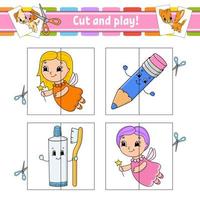 Cut and play. Flash cards. Color puzzle. toothpaste, fairy, pencil. Education developing worksheet. Activity page. Game for children. Funny character. Isolated vector illustration. Cartoon style.