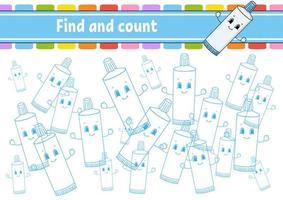 Find and count. Toothpaste. Education developing worksheet. Activity page. Puzzle game for children. Logical thinking training. Isolated vector illustration. Cartoon character.