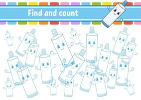 Find and count. Toothpaste. Education developing worksheet. Activity page. Puzzle game for children. Logical thinking training. Isolated vector illustration. Cartoon character.