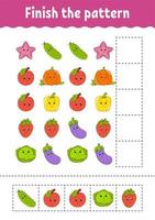 Finish the pattern. Cut and play. Fruits and vegetables. Education developing worksheet. Activity page.Cartoon character. vector