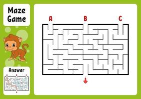 Rectangle maze. Game for kids. Three entrances, one exit. Puzzle for children. Labyrinth conundrum. Color vector illustration. Find the right path. With answer. Cartoon character. Education worksheet.