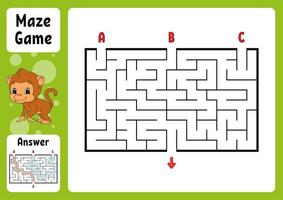 Rectangle maze. Game for kids. Three entrances, one exit. Puzzle for children. Labyrinth conundrum. Color vector illustration. Find the right path. With answer. Cartoon character. Education worksheet.