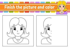Finish the picture and color. Beautiful cute fashionable girl with jewelry. Cartoon character isolated on white background. For kids education. Activity worksheet. vector