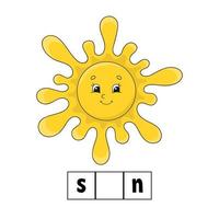 Words puzzle, sun. Education developing worksheet. Learning game for kids. Color activity page. Puzzle for children. Riddle for preschool. Simple flat isolated vector illustration.