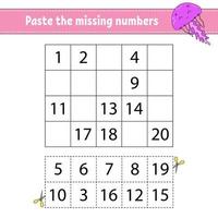 Paste the missing numbers. Game for children. Handwriting practice. Learning numbers for kids. Education developing worksheet. Activity page. Isolated vector illustration in cute cartoon style