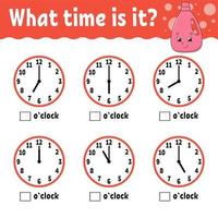 Learning time on the clock. Educational activity worksheet for kids and toddlers. Wash detergent. Game for children. Simple flat isolated color vector illustration in cute cartoon style.