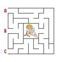 Square maze. Game for kids. Puzzle for children. Cartoon character cupid. Labyrinth conundrum. Color vector illustration. Find the right path. The development of logical and spatial thinking.