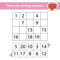 Paste the missing numbers 1-20. Game for children. Handwriting practice. Learning numbers for kids. Education developing worksheet. Activity page. Isolated vector illustration in cute cartoon style.