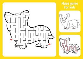 Abstract maze. Adorable Corgi. Game for kids. Puzzle for children. Labyrinth conundrum. Find the right path. Education worksheet. With answer. vector