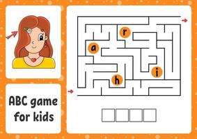 ABC maze for kids. Answer hair. Rectangle labyrinth. Activity worksheet. Puzzle for children. Cartoon style. Logical conundrum. Color vector illustration.