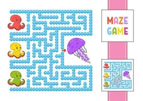 Funny square maze. Game for kids. Puzzle for children. Labyrinth conundrum with character. Octopus and jellyfish. Color vector illustration. Find the right path. With answer.