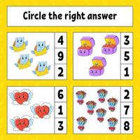 Circle the right answer. Education developing worksheet. Activity page with pictures. Valentine's Day. Game for children. Color isolated vector illustration. Funny character. Cartoon style.