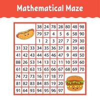 Mathematical square maze. Game for kids. Number labyrinth. Education worksheet. Activity page. Puzzle for children. Cartoon characters. Color vector illustration.