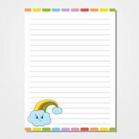 Sheet template for notebook, notepad, diary. Lined paper. Cute character. With a color image. Isolated vector illustration. Cartoon style.