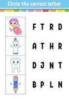 Circle the correct letter. Education developing worksheet. Learning game for kids. Color activity page. Cartoon character. vector