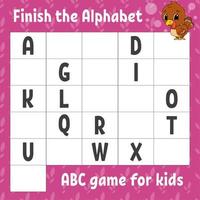 Finish the alphabet. ABC game for kids. Education developing worksheet. Learning game for kids. Color activity page. vector