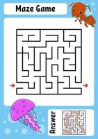 Square maze. Game for kids. Funny labyrinth. Education developing worksheet. Activity page. Puzzle for children. Cartoon style. Riddle for preschool. Logical conundrum. Color vector illustration.