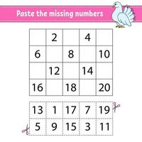 Paste the missing numbers 1-20. Game for children. Handwriting practice. Learning numbers for kids. Education developing worksheet. Activity page. Isolated vector illustration in cute cartoon style.