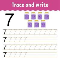 Number 7. Trace and write. Handwriting practice. Learning numbers for kids. Education developing worksheet. Color activity page. Isolated vector illustration in cute cartoon style.