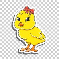 Cute cartoon character. Sticker with contour. Baby chicken. Colorful vector illustration. Isolated on transparent background. Design element