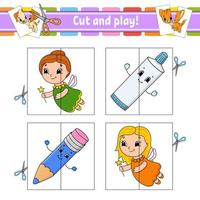 Cut and play. Flash cards. Color puzzle. Toothpaste, fairy, pencil. Education developing worksheet. Activity page. Game for children. Funny character. Isolated vector illustration. Cartoon style.