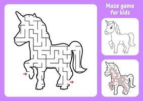 Abstract maze. Magical unicorn. Game for kids. Puzzle for children. Labyrinth conundrum. Find the right path. Education worksheet. With answer. vector