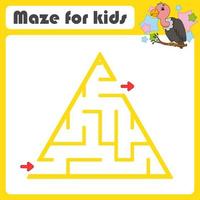 Square maze. Game for kids. Bird vulture. Puzzle for children. Cartoon style. Labyrinth conundrum. Color vector illustration. Find the right path. The development of logical and spatial thinking.