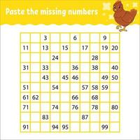 Paste the missing numbers from 1 to 100. Handwriting practice. Learning numbers for kids. Education developing worksheet. Game for children. Isolated vector illustration in cute cartoon style.