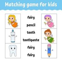 Matching game for kids. Find the correct answer. Draw a line. Learning words. Activity worksheet. Cartoon character. vector