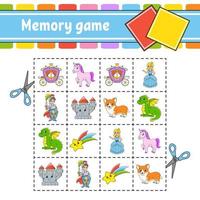 juego de memoria para niños. hoja de trabajo de desarrollo educativo. página de actividades con imágenes. juego de rompecabezas para niños. entrenamiento del pensamiento lógico. ilustración vectorial aislada. personaje divertido. estilo de dibujos animados. vector