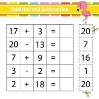 Addition and subtraction. Task for kids. Education developing worksheet. Activity page. Game for children. Funny character. Isolated vector illustration. Cartoon style.