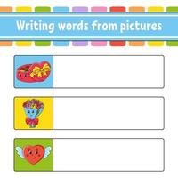 Writing words from pictures. Candy box, bouquet, heart. Education developing worksheet. Activity page for kids. Puzzle for children. Isolated vector illustration. Cartoon characters.