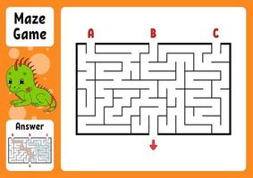 Rectangle maze. Game for kids. Three entrances, one exit. Puzzle for children. Labyrinth conundrum. Color vector illustration. Find the right path. With answer. Cartoon character. Education worksheet.