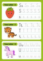 Writing letters. Tracing page. Practice sheet. Worksheet for kids. exercise for preschools. Learn alphabet. Cute characters. Vector illustration. Cartoon style.