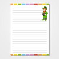 Sheet template for notebook, notepad, diary. Lined paper. Cute character. With a color image. Isolated vector illustration. Cartoon style.