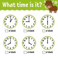 Learning time on the clock. Educational activity worksheet for kids and toddlers. Game for children. Simple flat isolated color vector illustration in cute cartoon style.