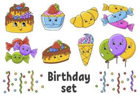 Set of stickers with cute cartoon characters. Happy birthday theme. Hand drawn. Colorful pack. Vector illustration. Patch badges collection. Label design elements. For daily planner, diary, organizer.