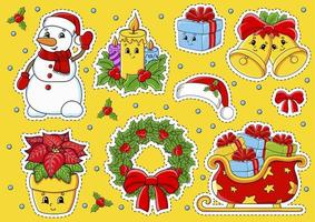 Set of stickers with cute cartoon characters. Christmas theme. Hand drawn. Colorful pack. Vector illustration. Patch badges collection. Label design elements. For daily planner, diary, organizer.